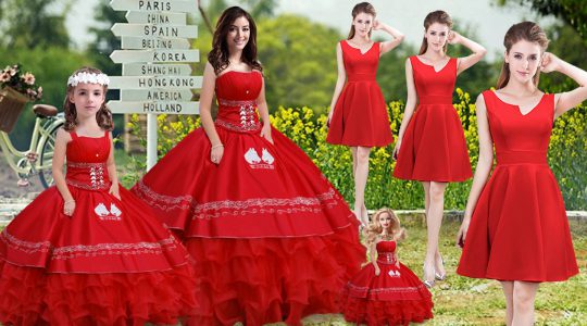 Red Satin and Organza Lace Up Strapless Sleeveless Floor Length Vestidos de Quinceanera Embroidery and Ruffles