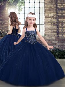 Fantastic Navy Blue Lace Up Kids Pageant Dress Beading Sleeveless Floor Length