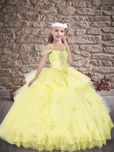 Perfect Yellow Sleeveless Beading and Appliques Floor Length Kids Pageant Dress