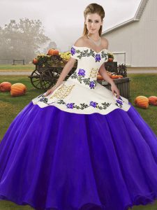 White And Purple Off The Shoulder Neckline Embroidery Quinceanera Gown Sleeveless Lace Up