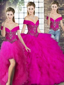 Tulle Off The Shoulder Sleeveless Lace Up Beading and Ruffles Ball Gown Prom Dress in Fuchsia