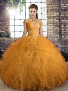 Orange Off The Shoulder Neckline Beading and Ruffles Quinceanera Dresses Sleeveless Lace Up