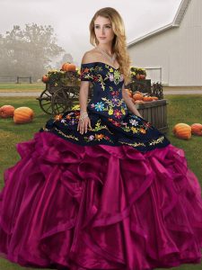 Fuchsia Lace Up Off The Shoulder Embroidery and Ruffles Sweet 16 Dresses Organza Sleeveless
