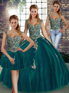 Peacock Green Three Pieces Tulle Straps Sleeveless Beading and Appliques Floor Length Lace Up Quinceanera Dresses