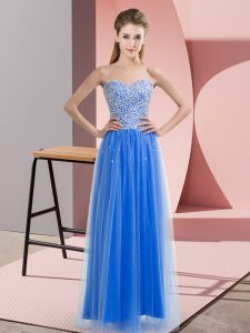 Shining Floor Length Lace Up Prom Dress Blue for Prom and Party with Beading