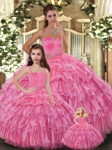 Superior Floor Length Lace Up Quinceanera Dress Rose Pink for Sweet 16 and Quinceanera with Ruffled Layers