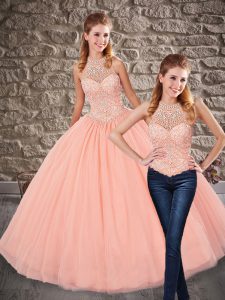 Pretty Halter Top Sleeveless Quinceanera Gown Floor Length Beading Peach Tulle