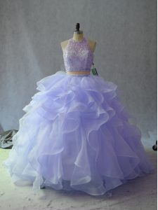 Lavender Sleeveless Floor Length Beading and Ruffles Backless Quinceanera Gown