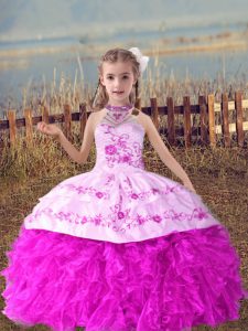 Sleeveless Organza Floor Length Lace Up Pageant Dress for Teens in Lilac with Beading and Embroidery and Ruffles