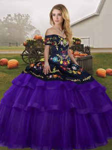 Fitting Tulle Off The Shoulder Sleeveless Brush Train Lace Up Embroidery and Ruffled Layers Ball Gown Prom Dress in Blac