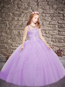 Lavender Ball Gowns Appliques Little Girl Pageant Dress Lace Up Tulle Sleeveless