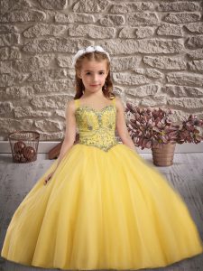 Gold Lace Up Straps Beading Kids Pageant Dress Tulle Sleeveless