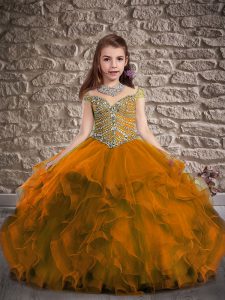 Cap Sleeves Beading and Ruffles Lace Up High School Pageant Dress with Orange Red Sweep Train