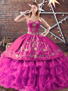 Floor Length Fuchsia 15th Birthday Dress Sweetheart Sleeveless Lace Up