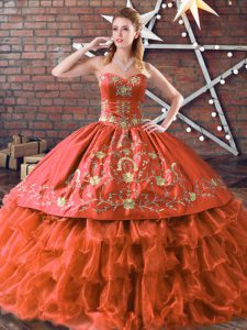 Latest Rust Red Vestidos de Quinceanera Sweet 16 and Quinceanera with Embroidery and Ruffled Layers Sweetheart Sleeveles