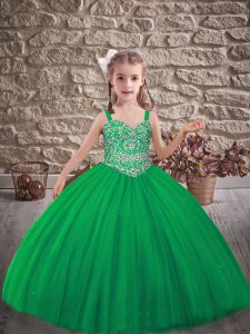Green Sleeveless Sweep Train Beading Child Pageant Dress