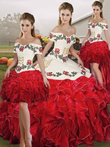 White And Red Ball Gowns Off The Shoulder Sleeveless Organza Floor Length Lace Up Embroidery and Ruffles Ball Gown Prom 