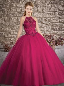 Fuchsia Quinceanera Gowns Halter Top Sleeveless Brush Train Lace Up