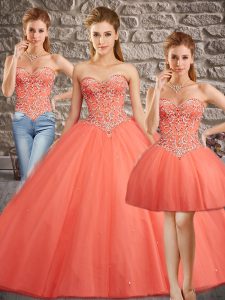 Popular Orange Red Three Pieces Tulle Sweetheart Sleeveless Beading Lace Up 15th Birthday Dress Brush Train