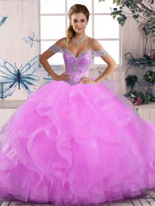 Designer Lilac Sweet 16 Dress Sweet 16 and Quinceanera with Beading and Ruffles Off The Shoulder Sleeveless Lace Up