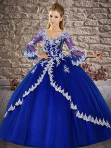 Custom Design V-neck 3 4 Length Sleeve Lace Up Quinceanera Dresses Royal Blue Tulle