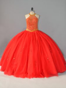 Eye-catching Tulle Halter Top Sleeveless Lace Up Beading Sweet 16 Dresses in Red