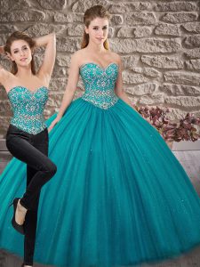 Sleeveless Tulle Brush Train Lace Up Quinceanera Dresses in Teal with Beading
