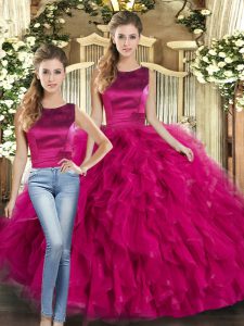Vintage Fuchsia Two Pieces Tulle Scoop Sleeveless Ruffles Floor Length Lace Up 15 Quinceanera Dress