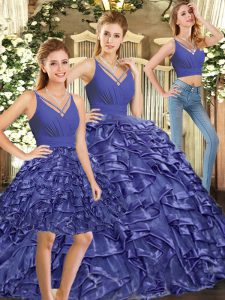 Stunning Lavender Ball Gowns Ruffles Sweet 16 Dress Backless Organza Sleeveless Floor Length