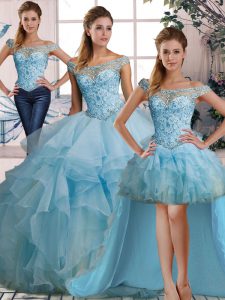 Luxury Light Blue Lace Up Quinceanera Gown Beading and Ruffles Sleeveless Floor Length