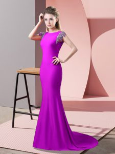 Gorgeous Short Sleeves Beading Backless Dress for Prom with Fuchsia Brush Train