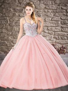 Floor Length Lace Up Sweet 16 Dresses Watermelon Red for Military Ball and Sweet 16 and Quinceanera with Beading and Lac