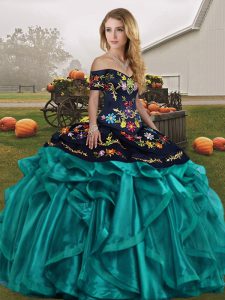 Classical Teal Sleeveless Embroidery and Ruffles Floor Length Sweet 16 Dress