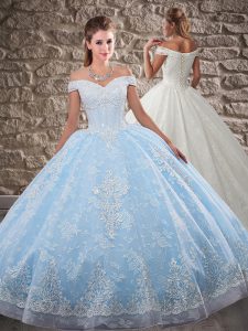 Tulle and Lace Off The Shoulder Sleeveless Brush Train Lace Up Beading and Appliques Quinceanera Gowns in Light Blue
