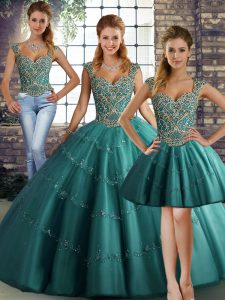 Teal Sleeveless Floor Length Beading and Appliques Lace Up Quinceanera Dresses