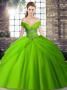 Super Ball Gowns Off The Shoulder Sleeveless Tulle Brush Train Lace Up Beading and Pick Ups 15 Quinceanera Dress
