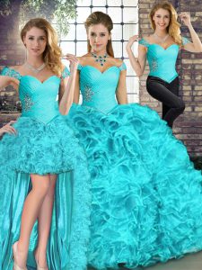 Ideal Aqua Blue Sleeveless Organza Lace Up Sweet 16 Dresses for Military Ball and Sweet 16 and Quinceanera