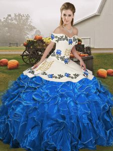 Cheap Blue And White Off The Shoulder Neckline Embroidery and Ruffles Quinceanera Dress Sleeveless Lace Up