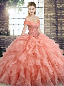Ball Gowns Sleeveless Peach Ball Gown Prom Dress Brush Train Lace Up