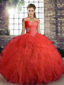 Sleeveless Tulle Floor Length Lace Up Quinceanera Dresses in Orange Red with Beading and Ruffles