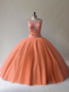 Customized Orange Lace Up Quinceanera Gown Beading Sleeveless Floor Length