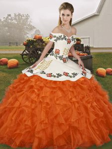 Discount Orange Red Ball Gowns Embroidery and Ruffles 15th Birthday Dress Lace Up Organza Sleeveless Floor Length