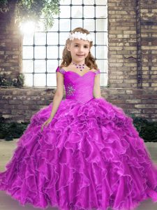 Fuchsia Ball Gowns Organza Straps Sleeveless Beading and Ruffles Floor Length Lace Up Child Pageant Dress