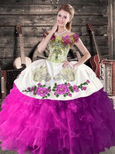 Floor Length White And Purple 15 Quinceanera Dress Organza Sleeveless Embroidery and Ruffles