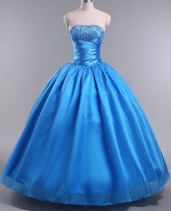Glamorous Blue Sleeveless Floor Length Beading Lace Up Vestidos de Quinceanera