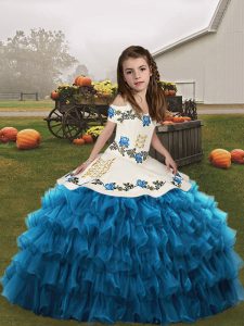 Organza Straps Sleeveless Lace Up Embroidery and Ruffled Layers Kids Formal Wear in Blue