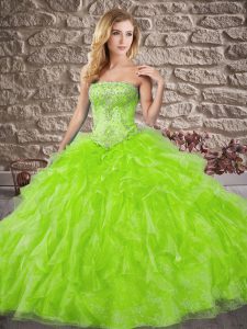 Custom Designed Sleeveless Brush Train Beading and Ruffles Lace Up Ball Gown Prom Dress