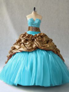 V-neck Sleeveless 15th Birthday Dress Beading and Pick Ups Aqua Blue Organza and Printed