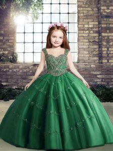 Hot Sale Dark Green Ball Gowns Beading Little Girls Pageant Dress Wholesale Lace Up Tulle Sleeveless Floor Length