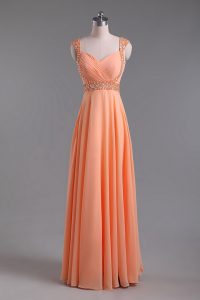Glamorous Orange Empire Chiffon Straps Sleeveless Beading and Ruching Floor Length Backless Prom Party Dress